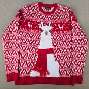 33 Degrees Mens Red White Llama Ugly Christmas Sweater Sherpa Scarf Unisex M
